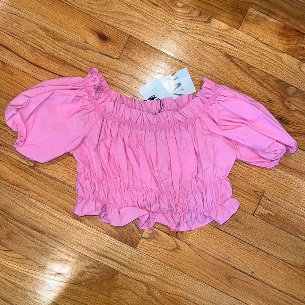 ZARA pink puff sleeve crop top
